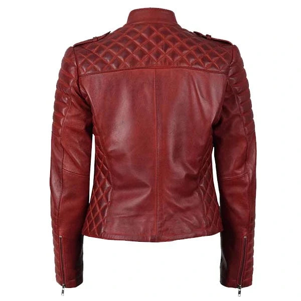 Sowachi Kinsley - Women's Maroon Quilted Motorcycle Leather Jacket