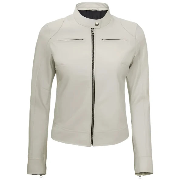 Sowachi Avelisse - Women's Off-White Sheepskin Cafe Racer Leather Jacket