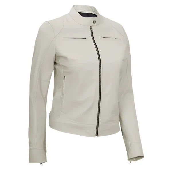 Sowachi Avelisse - Women's Off-White Sheepskin Cafe Racer Leather Jacket