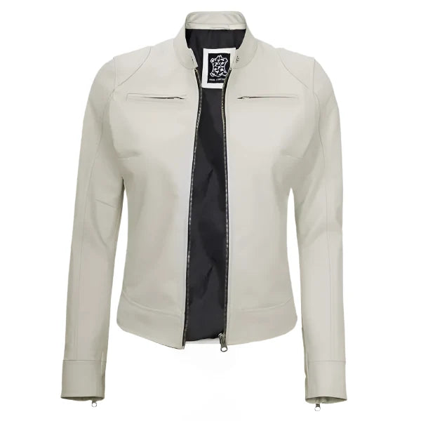 Sowachi Avelisse - Women's Off-White Sheepskin Cafe Racer Leather Jacket