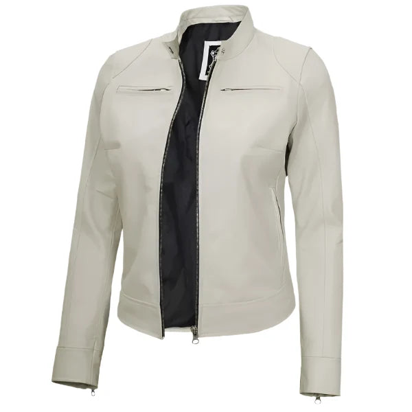Sowachi Avelisse - Women's Off-White Sheepskin Cafe Racer Leather Jacket