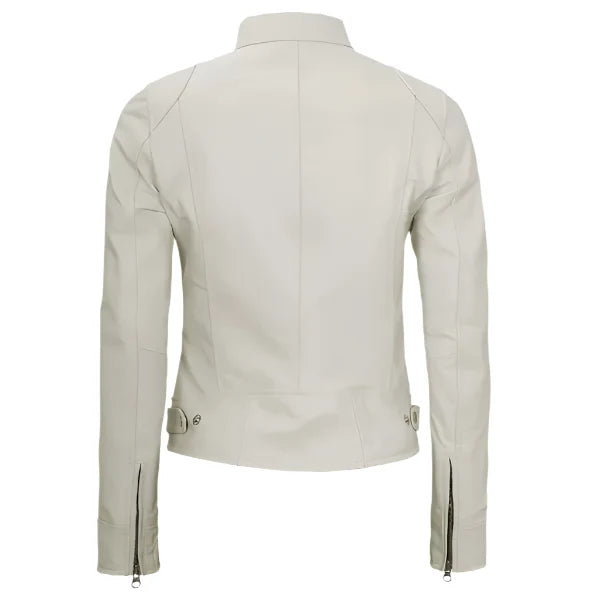 Sowachi Avelisse - Women's Off-White Sheepskin Cafe Racer Leather Jacket