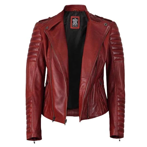 Sowachi Kinsley - Women's Maroon Quilted Motorcycle Leather Jacket
