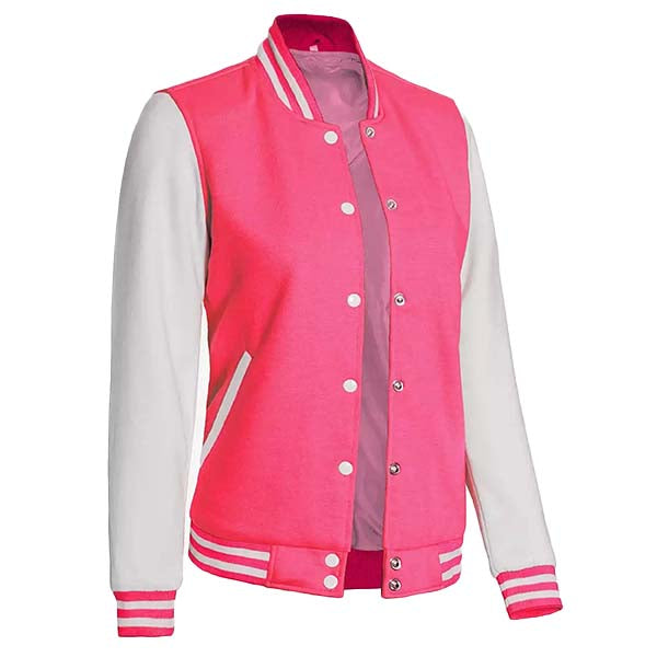 Sowachi Rosavelle - Women's Pink and White Varsity Bomber Jacket