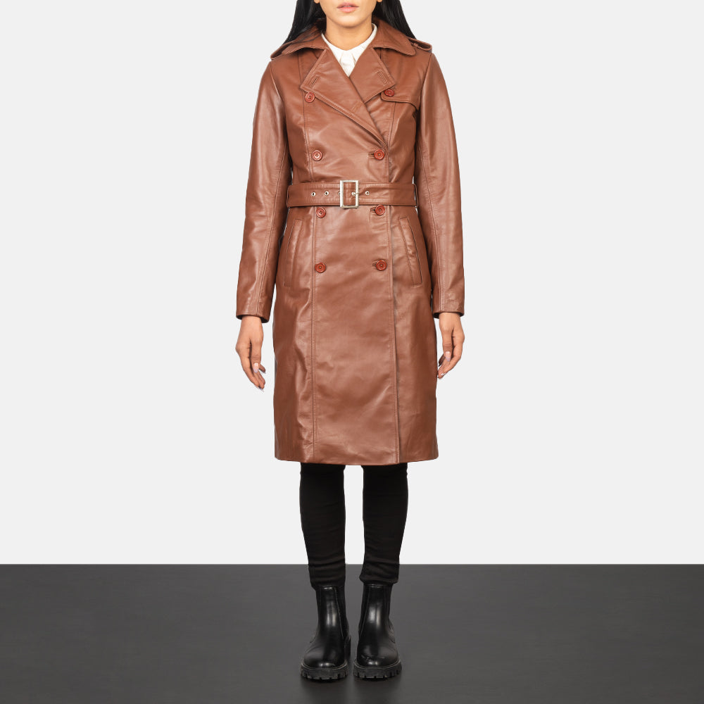 Sowachi Alice Brown Double Breasted Leather Coat
