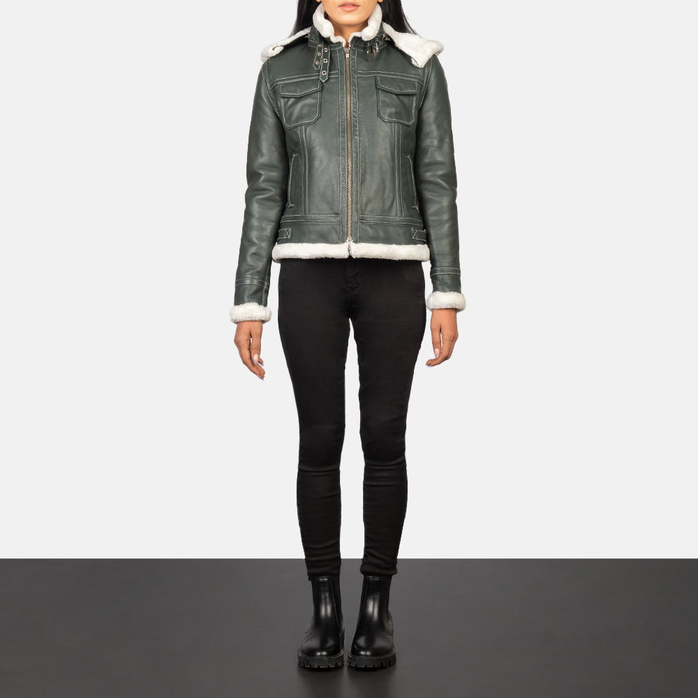 Sowachi Fiona Green Hooded Shearling Leather Jacket