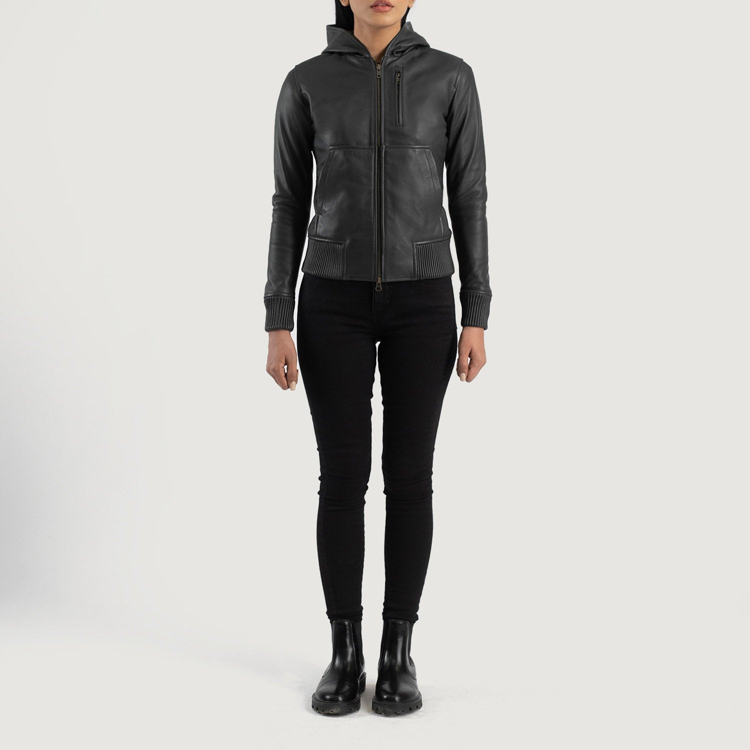 Sowachi Luna Black Hooded Leather Bomber Jacket