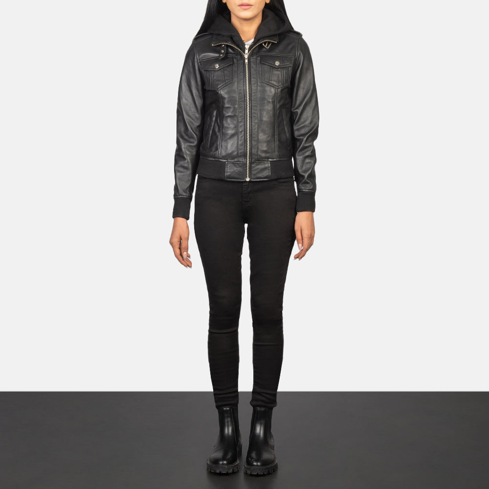 Sowachi Roslyn Black Hooded Leather Bomber Jacket