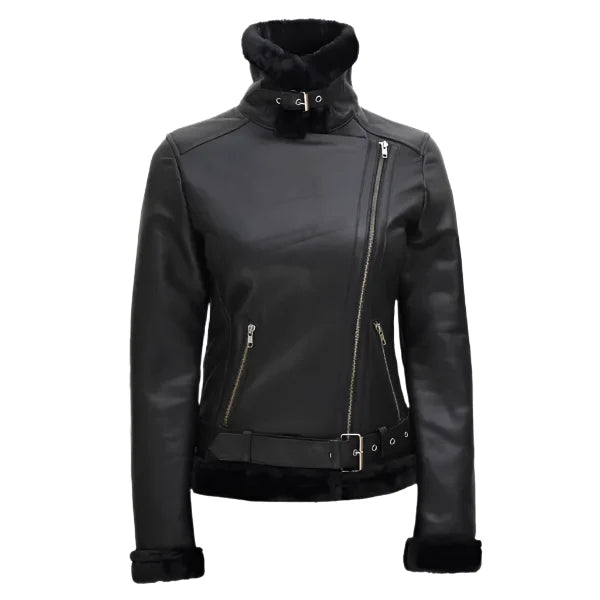 Sowachi Norelle - Women's Black Shearling Leather Moto Jacket
