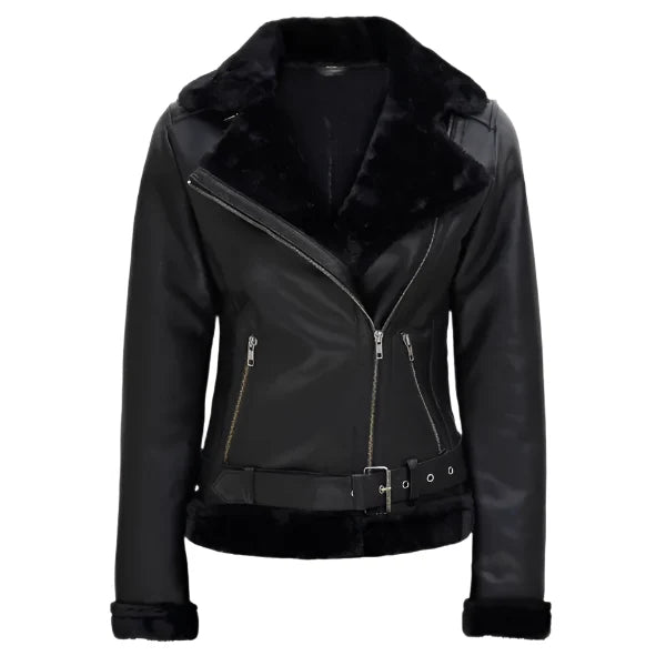 Sowachi Norelle - Women's Black Shearling Leather Moto Jacket