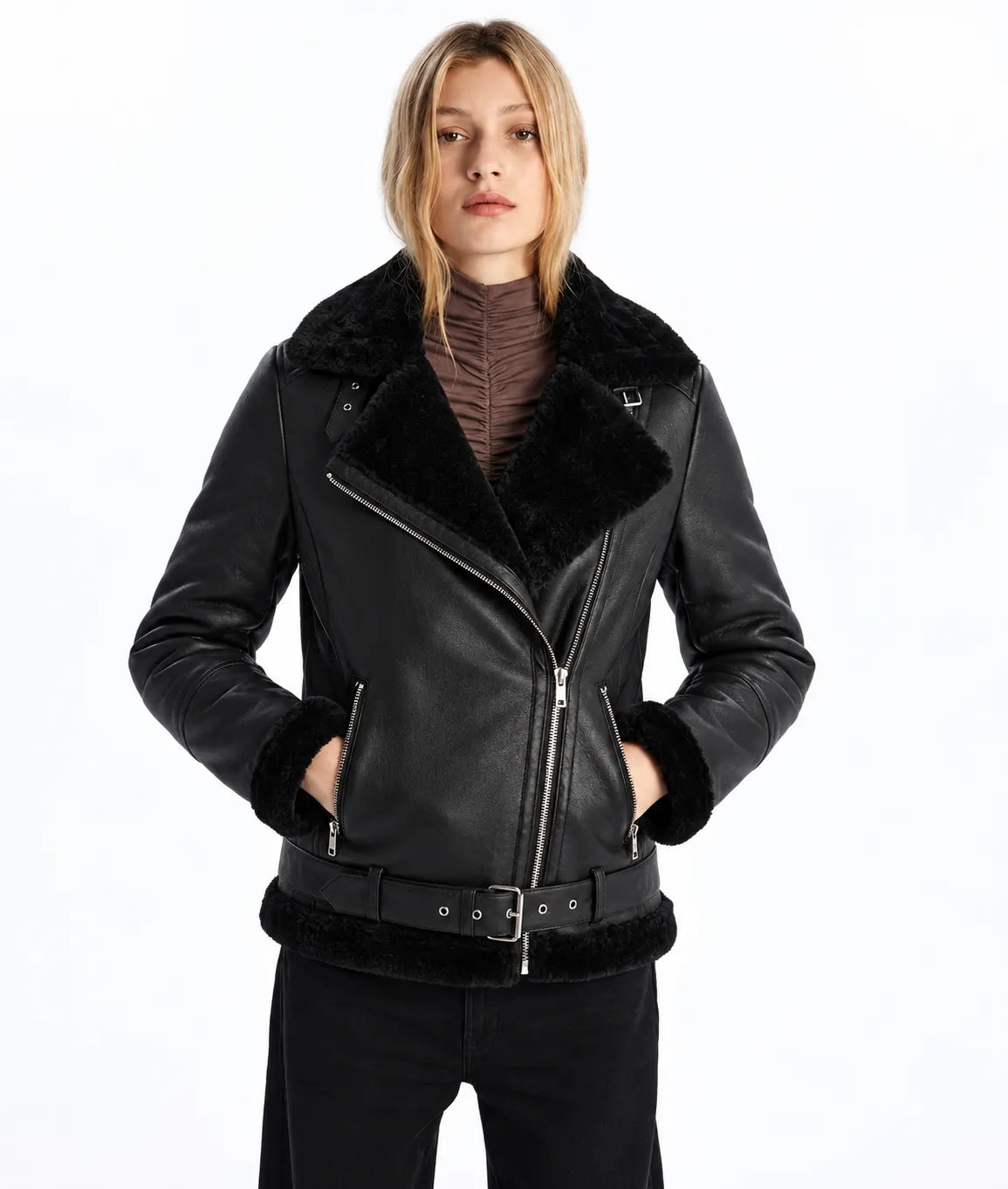 Sowachi Norelle - Women's Black Shearling Leather Moto Jacket