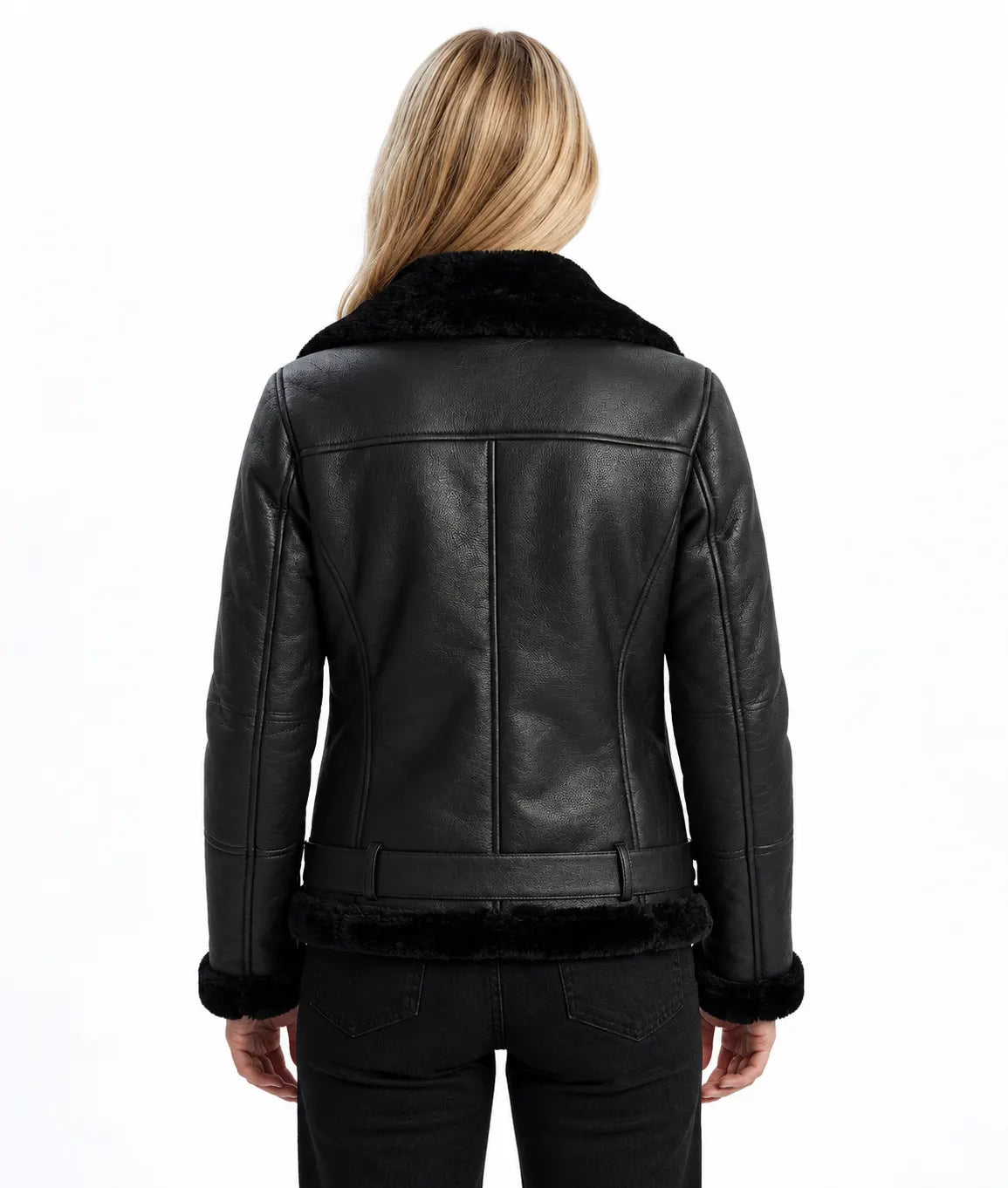 Sowachi Norelle - Women's Black Shearling Leather Moto Jacket