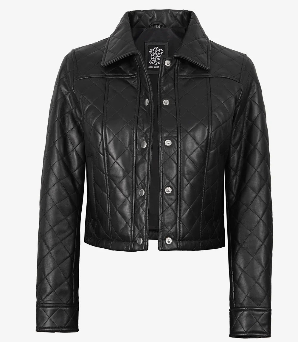 Sowachi Women's Black Cropped Quilted Real Lambskin Leather Jacket