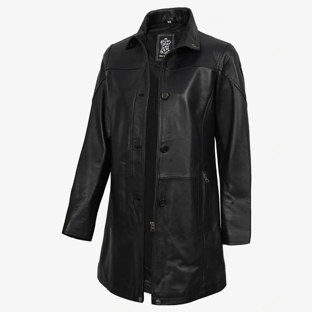 Sowachi Women's 3/4 Length Black Lambskin Leather Car Coat