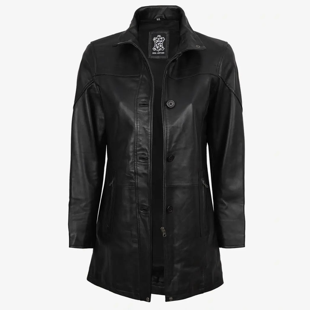 Sowachi Women's 3/4 Length Black Lambskin Leather Car Coat