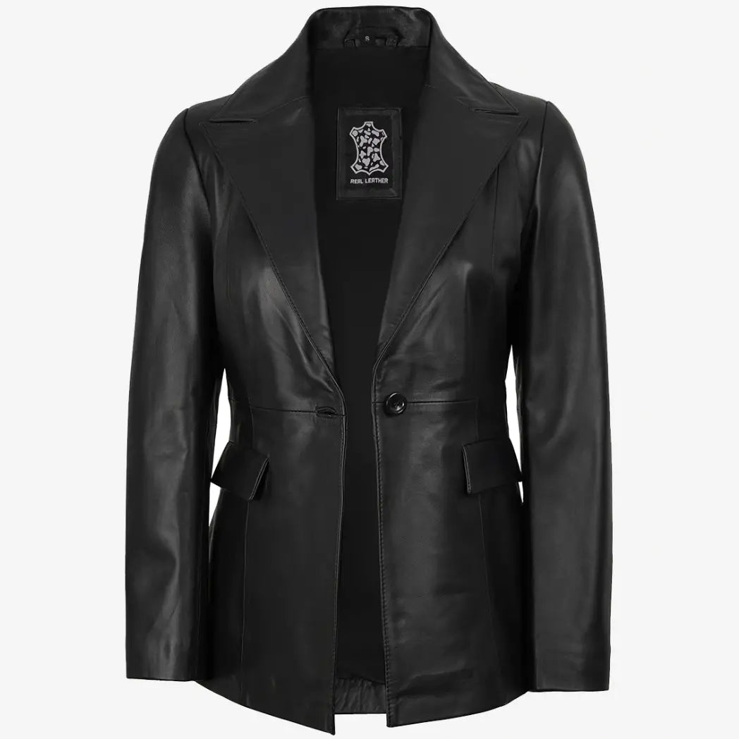 Sowachi Women's Black Button Real Lambskin Leather Blazer