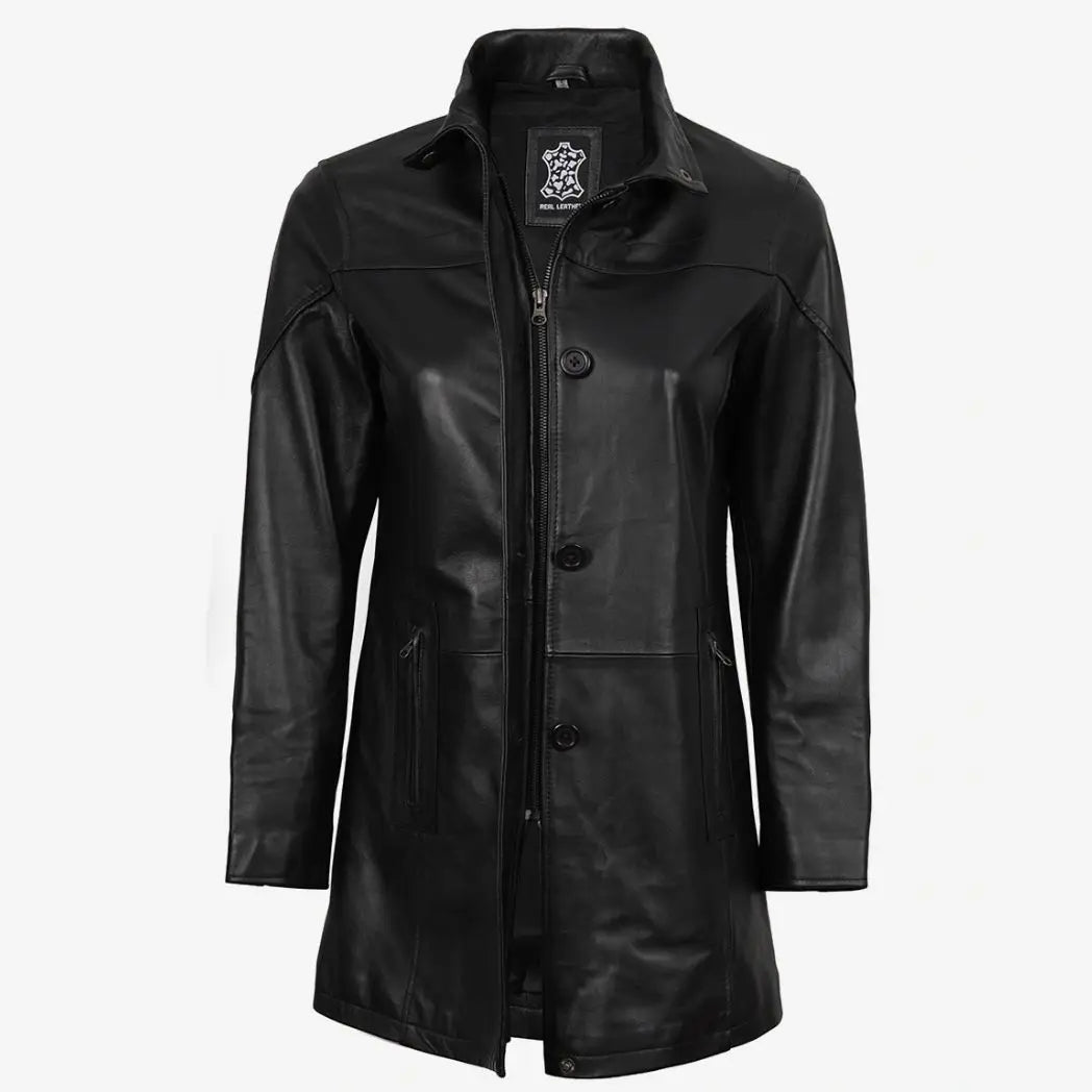 Sowachi Women's 3/4 Length Black Lambskin Leather Car Coat