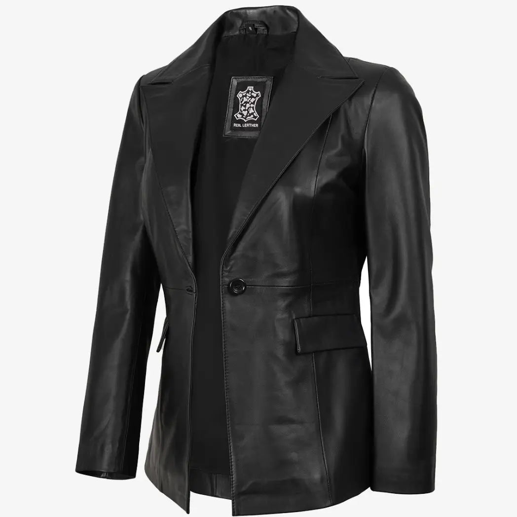 Sowachi Women's Black Button Real Lambskin Leather Blazer