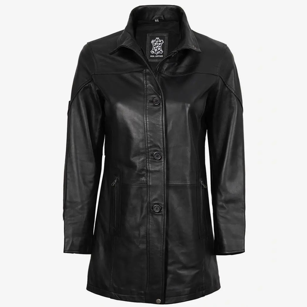 Sowachi Women's 3/4 Length Black Lambskin Leather Car Coat
