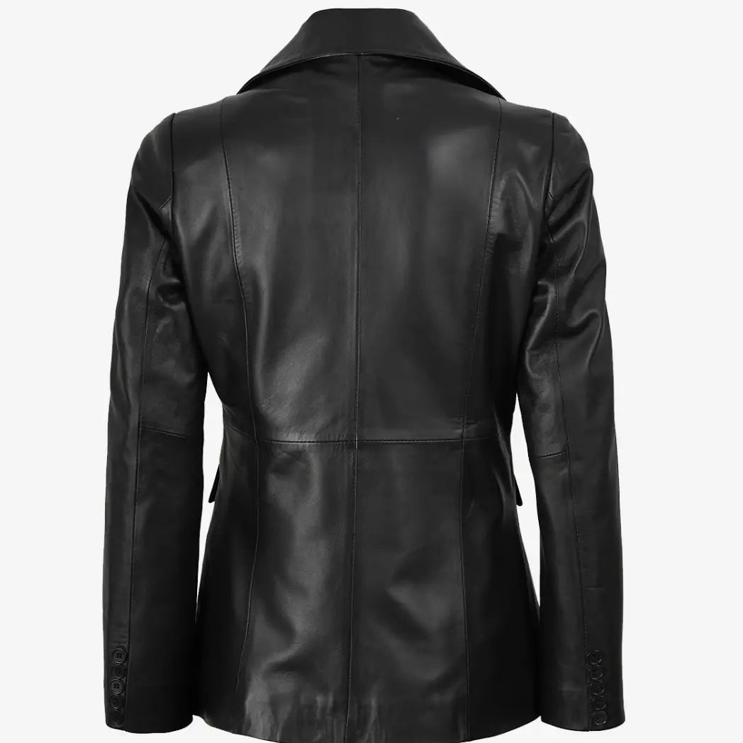 Sowachi Women's Black Button Real Lambskin Leather Blazer