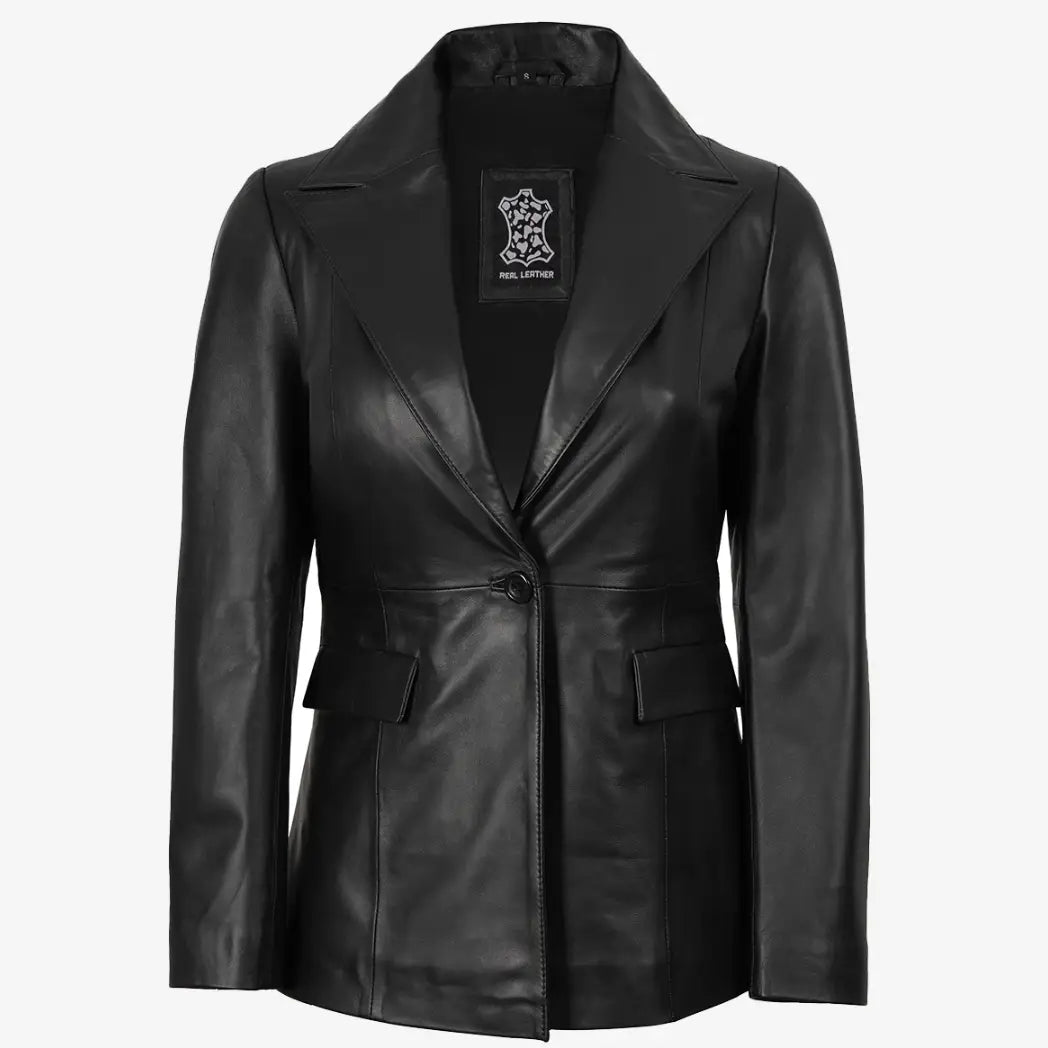Sowachi Women's Black Button Real Lambskin Leather Blazer