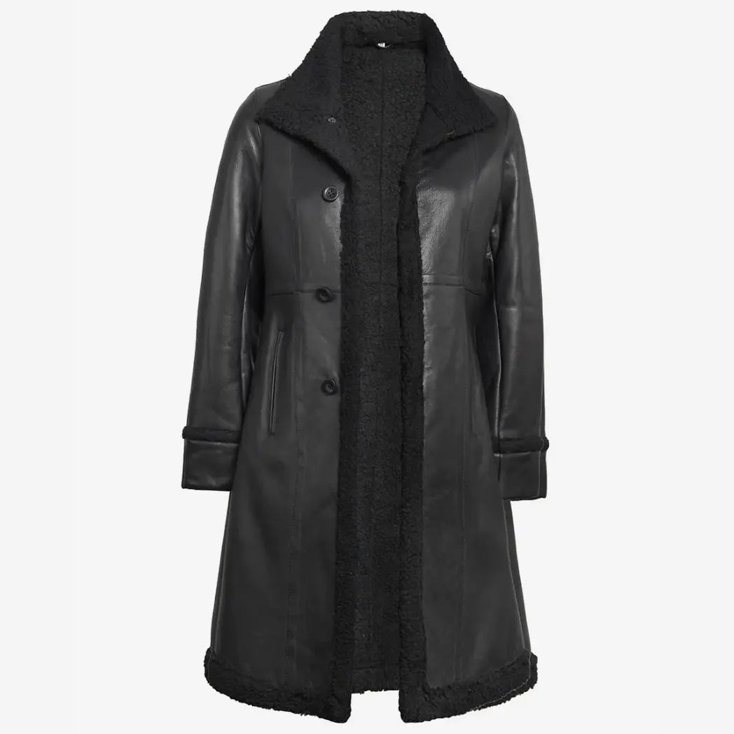 Sowachi Women's 3/4 Length Black Shearling Real Leather Coat