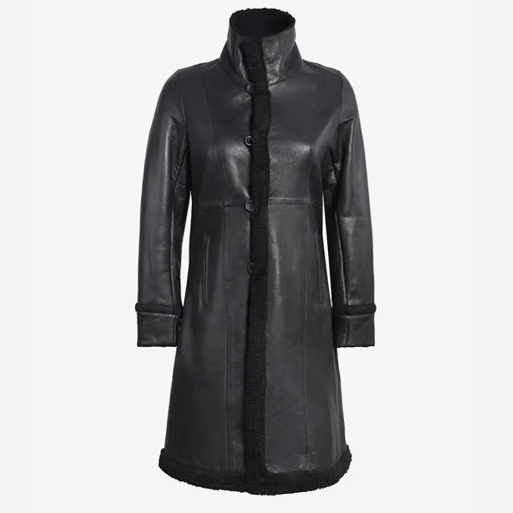 Sowachi Women's 3/4 Length Black Shearling Real Leather Coat