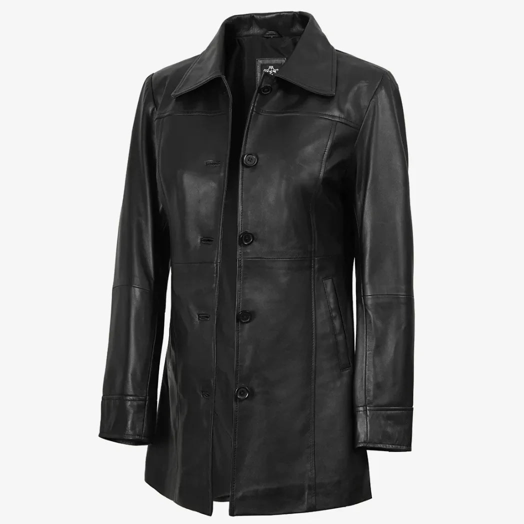 Sowachi Women's 3/4 Length Button Down Black Real Leather Coat