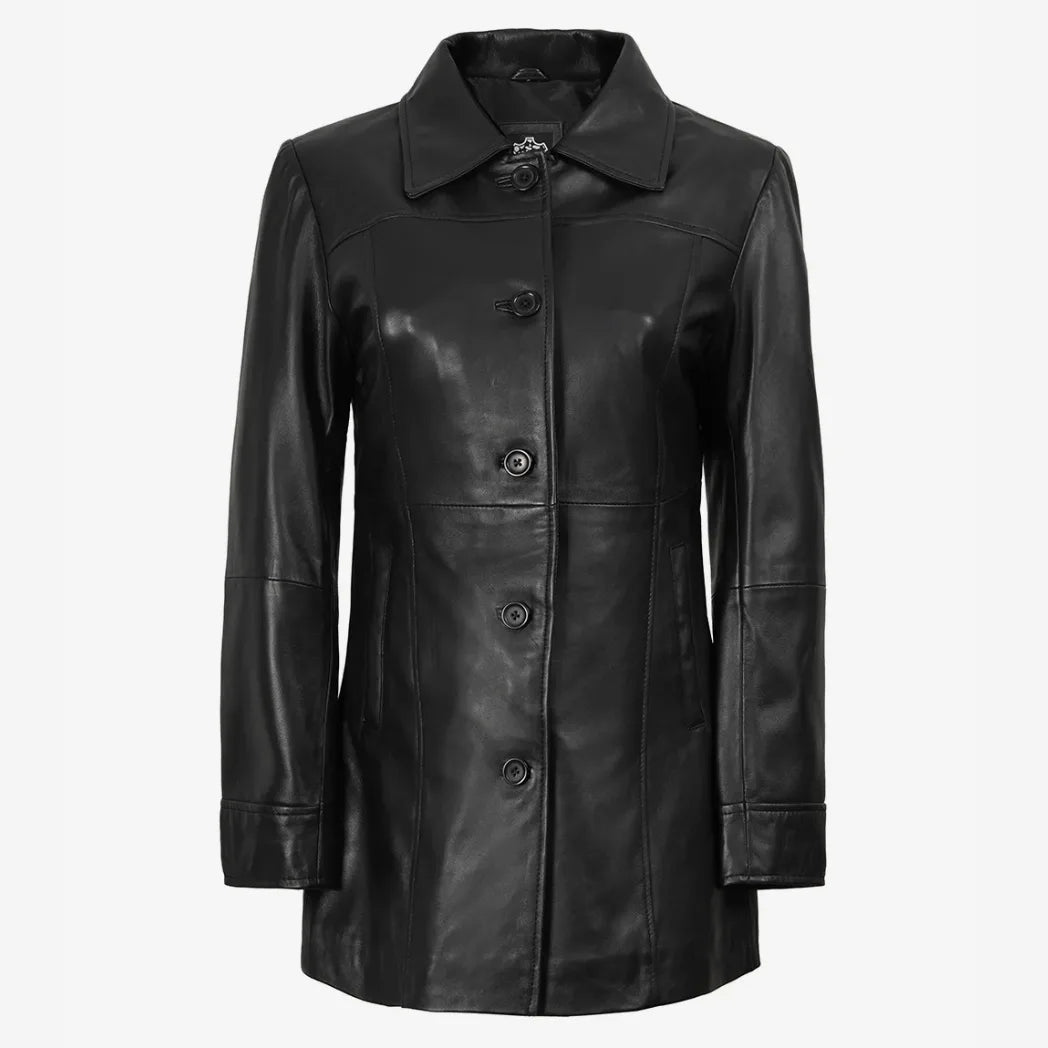 Sowachi Women's 3/4 Length Button Down Black Real Leather Coat
