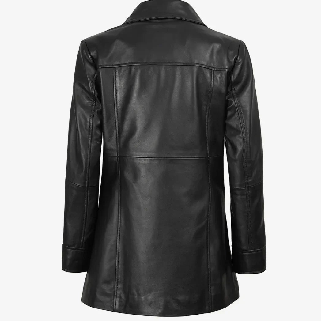 Sowachi Women's 3/4 Length Button Down Black Real Leather Coat