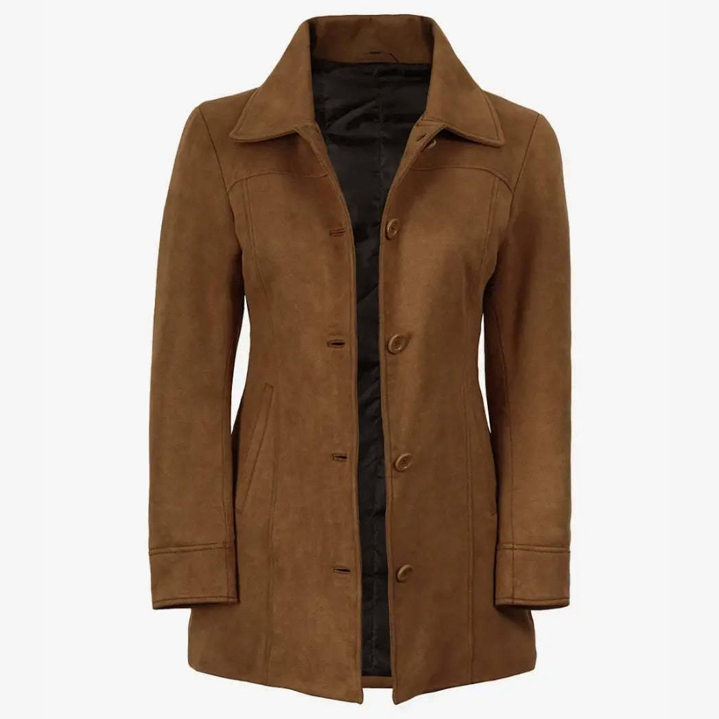 Sowachi Women's 3/4 Length Button Down Light Brown Faux Suede Coat