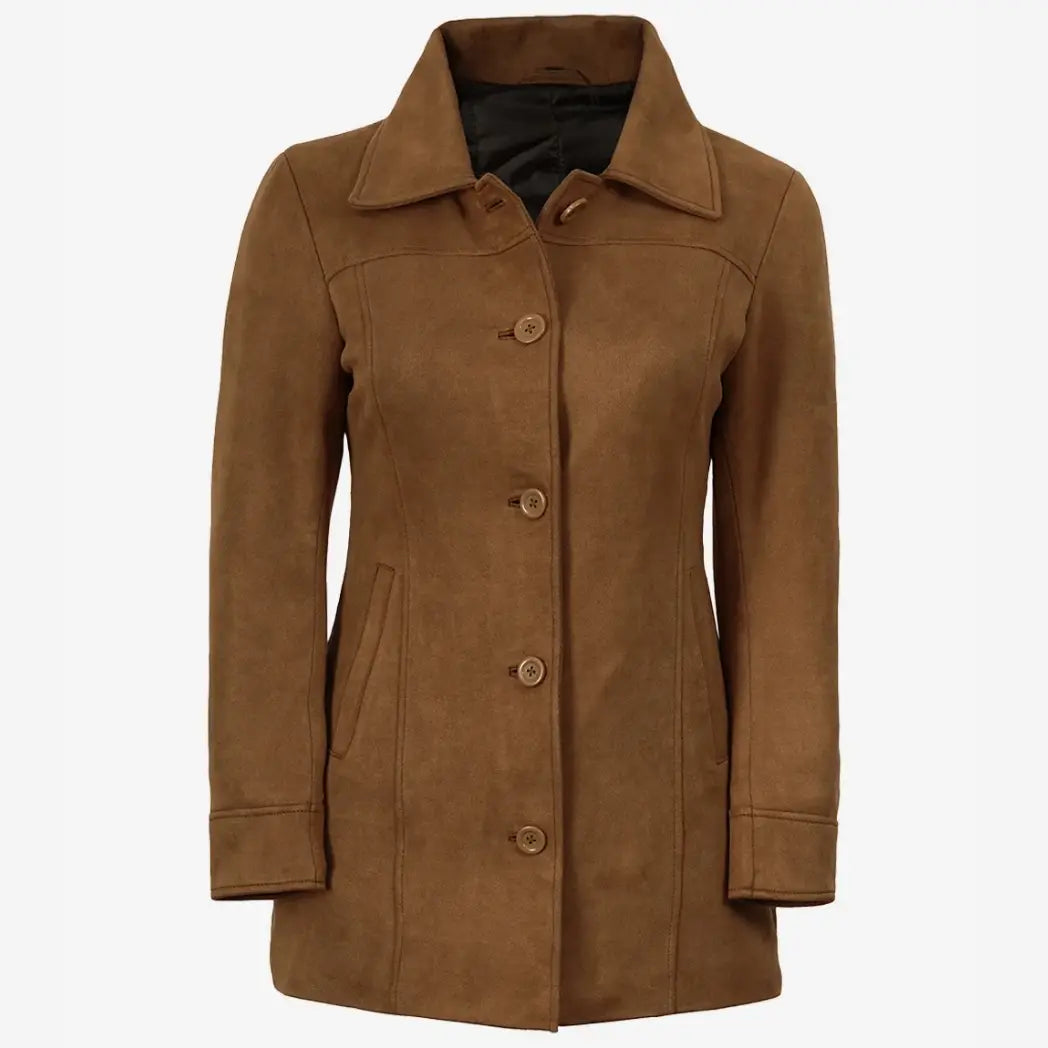 Sowachi Women's 3/4 Length Button Down Light Brown Faux Suede Coat