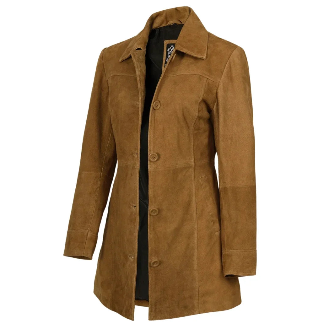 Sowachi Women's 3/4 Length Button Down Light Brown Suede Coat