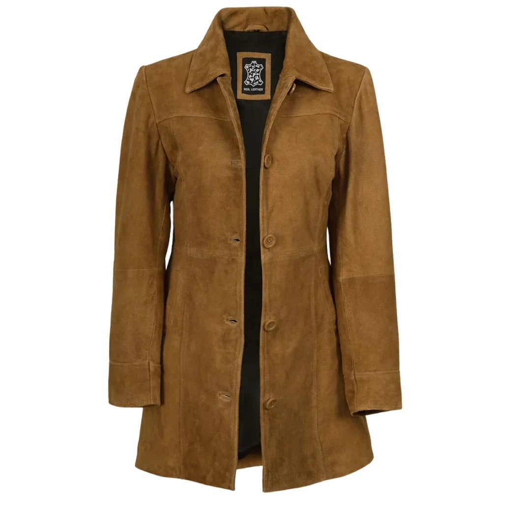 Sowachi Women's 3/4 Length Button Down Light Brown Suede Coat