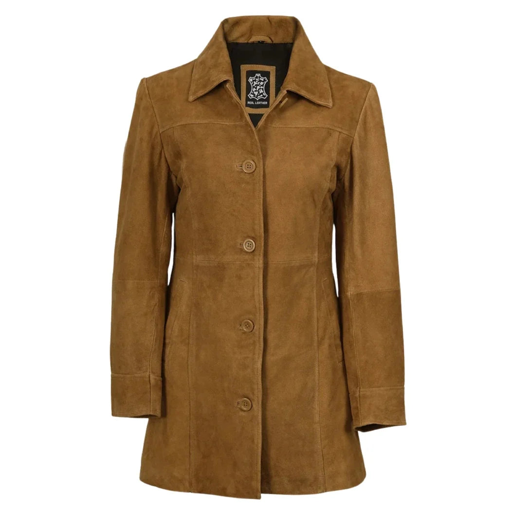 Sowachi Women's 3/4 Length Button Down Light Brown Suede Coat