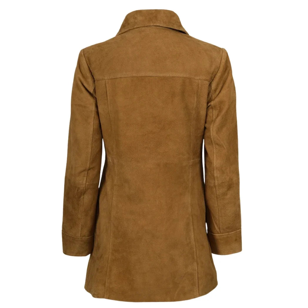 Sowachi Women's 3/4 Length Button Down Light Brown Suede Coat