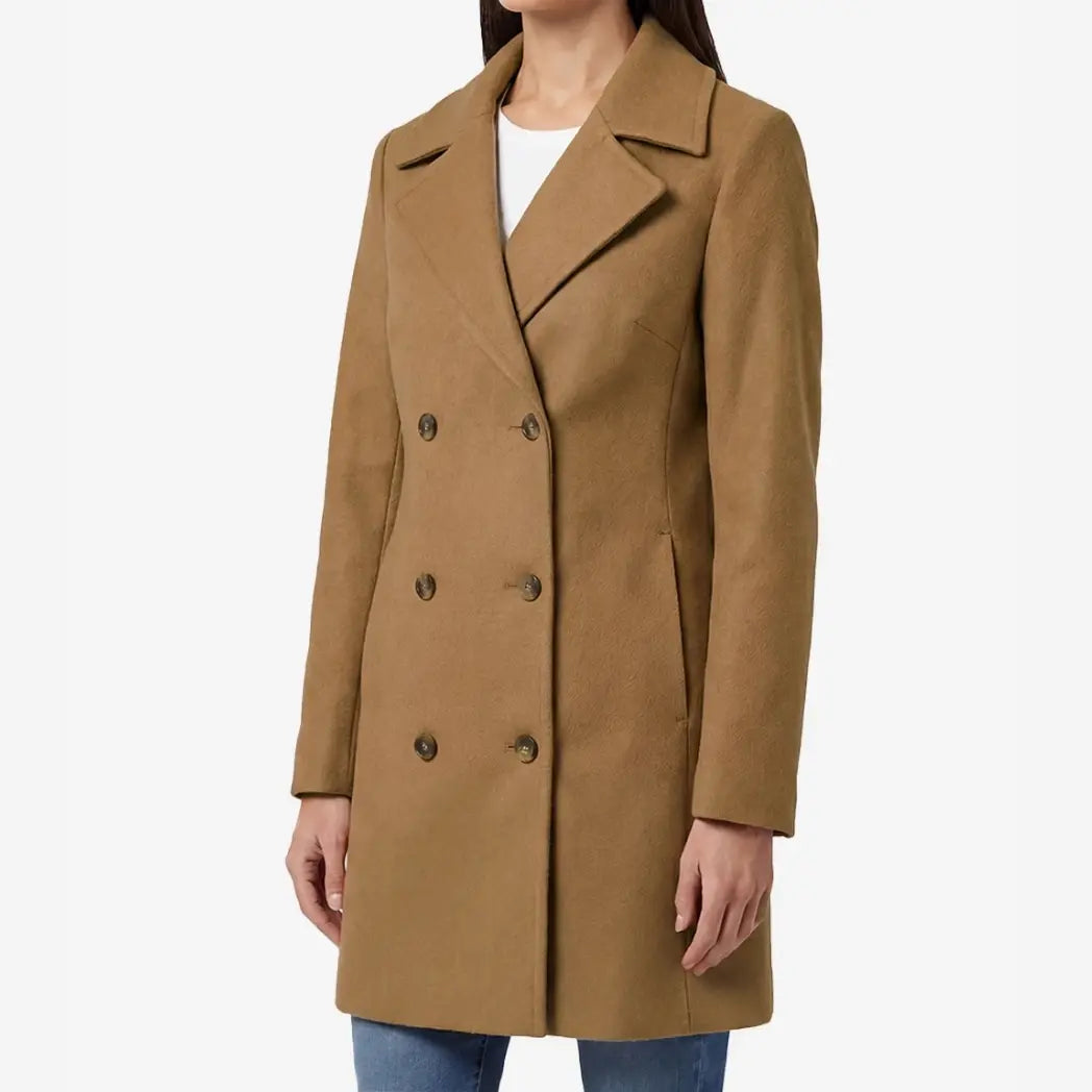 Sowachi Women's 3/4 Length Camel Brown Double Breasted Wool Coat