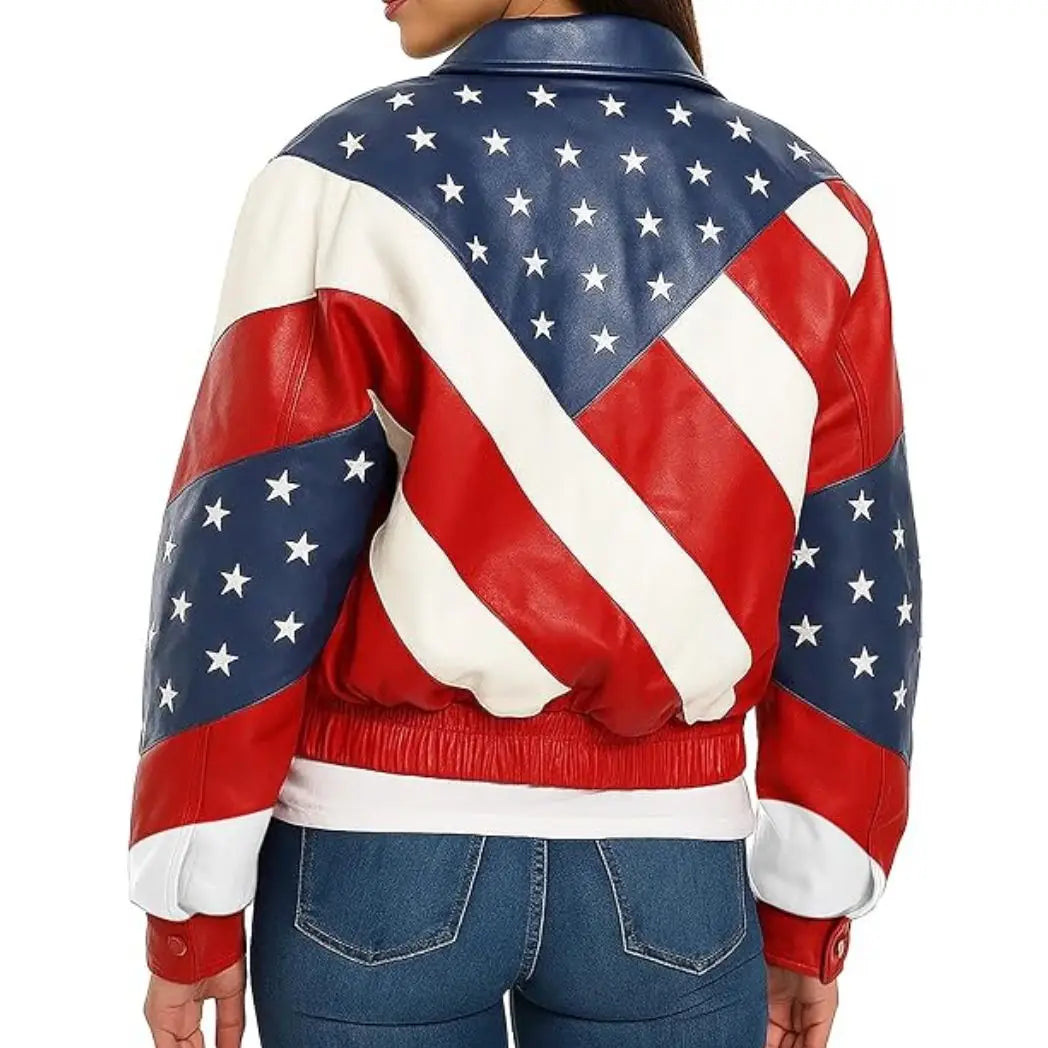 Sowachi Women's American Flag Black Leather Biker Jacket