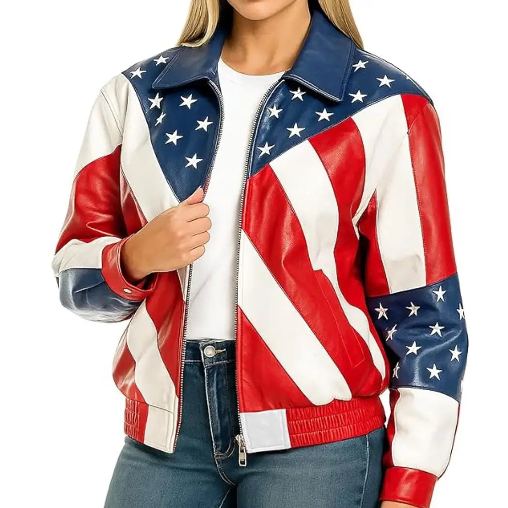 Sowachi Women's American Flag Black Leather Biker Jacket