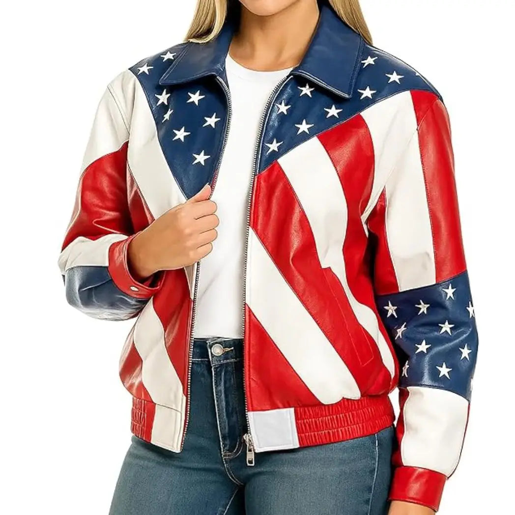 Sowachi Women's American Flag Black Leather Biker Jacket
