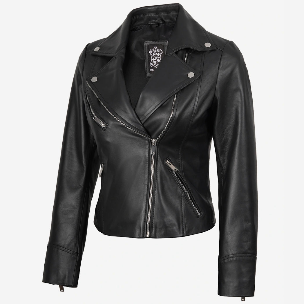 Sowachi Women's Asymmetrical Black Leather Biker Style Jacket