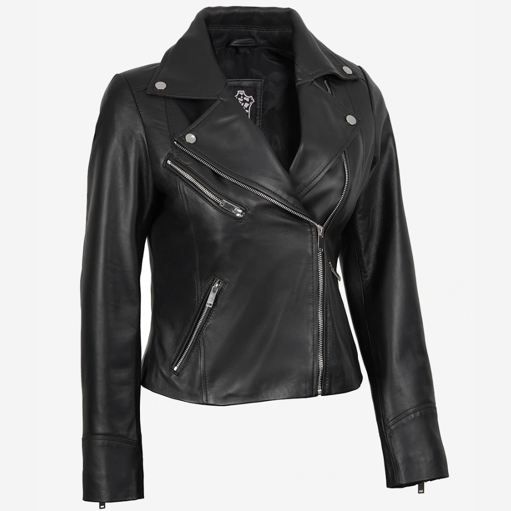 Sowachi Women's Asymmetrical Black Leather Biker Style Jacket