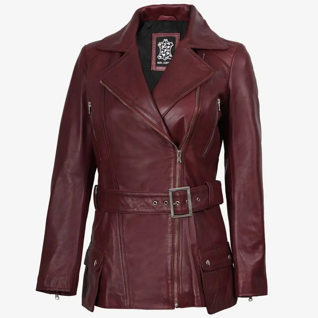 Sowachi Women's Asymmetrical Maroon Belted Biker Style Leather Jacket