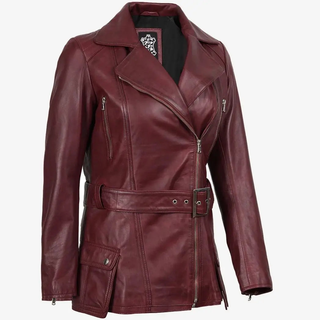 Sowachi Women's Asymmetrical Maroon Belted Biker Style Leather Jacket