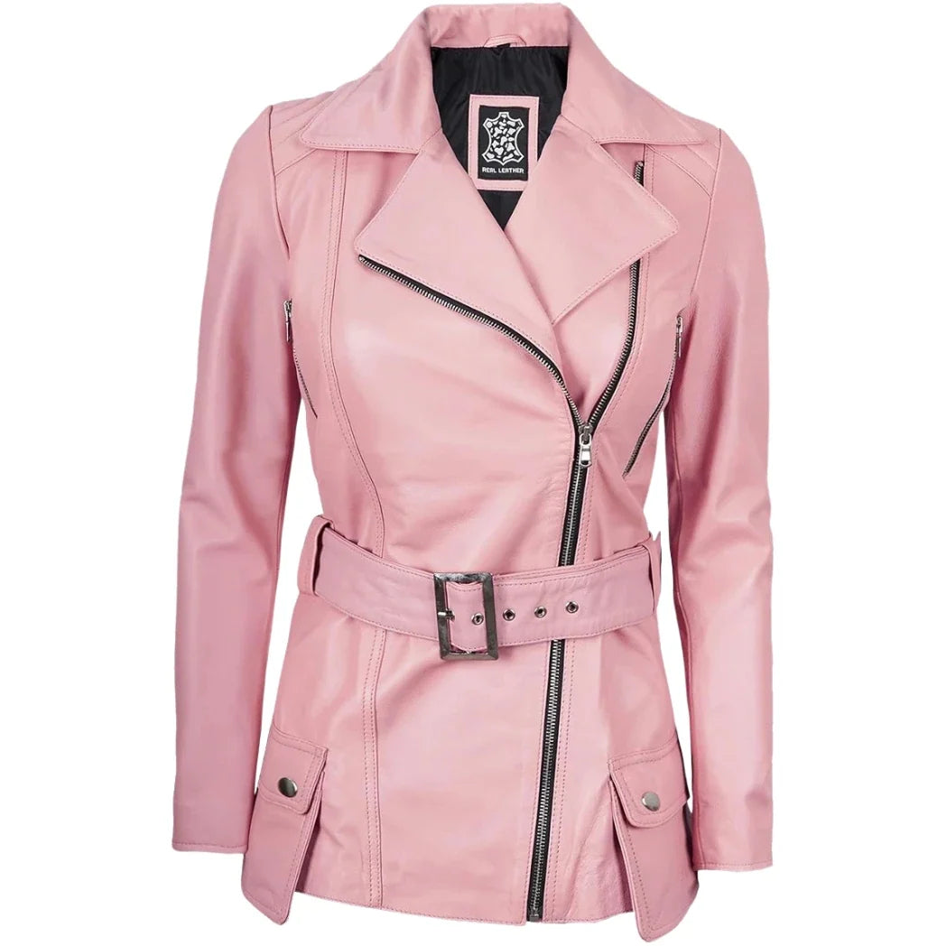 Women's Asymmetrical Pink Long Biker Style Leather Jacket