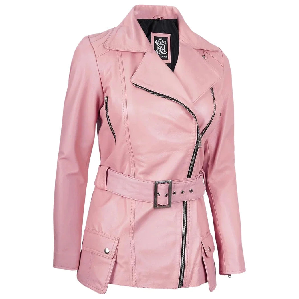 Women's Asymmetrical Pink Long Biker Style Leather Jacket