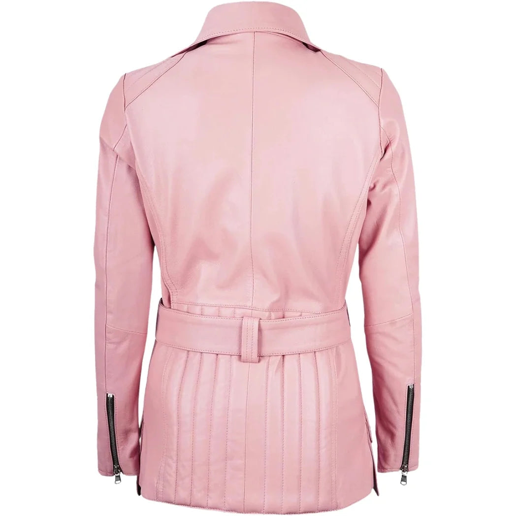 Women's Asymmetrical Pink Long Biker Style Leather Jacket