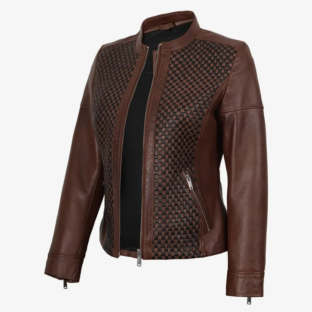 Sowachi Women's Biker Style Cognac Textured Lambskin Leather Jacket