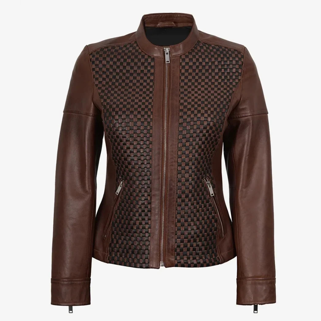 Sowachi Women's Biker Style Cognac Textured Lambskin Leather Jacket