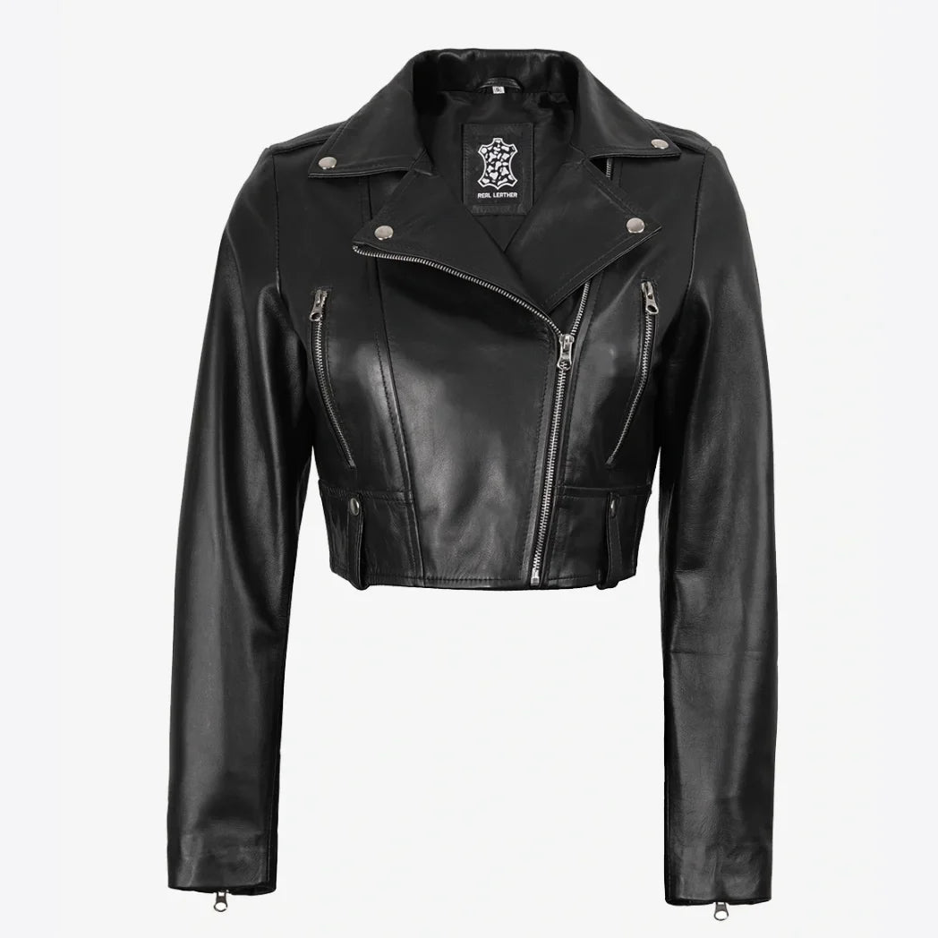 Sowachi Women's Black Biker Style Asymmetrical Cropped Leather Jacket